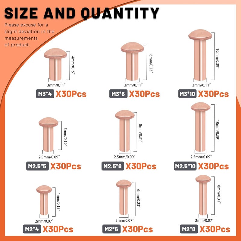 Tanstic 270Pcs Round Head Copper Solid Rivets, M2x4/6/8, M2.5x5/8/10, M3x4/6/10 Solid Copper Rivets Fasteners for Electrical Applications Copper Finish Copper Tone - Image 2